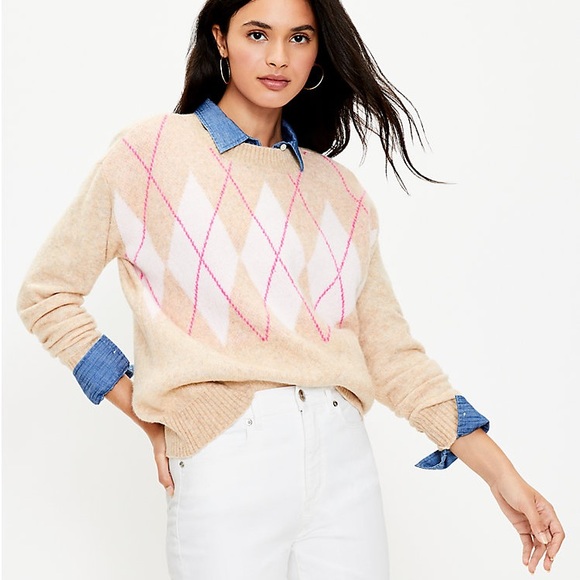 LOFT Sweaters Loft Womens Large Argyle Cream Pink Long Sleeve Crew